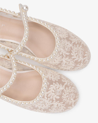 Ivory crochet lace wedding flats with pearls, bridal shoes