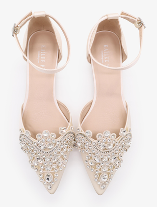 Ivory Satin Pointy Toe Flats with Oversized Rhinestones Applique Embellishments