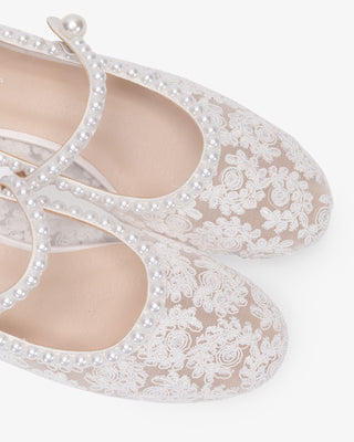 White crochet lace wedding flats with pearls, bridal shoes