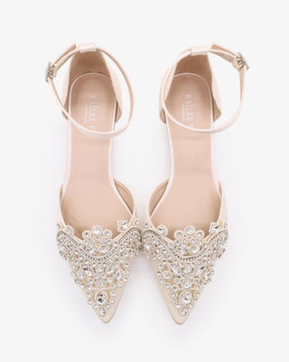 Satin Pointy Toe Flats with Rhinestones Applique Embellishments