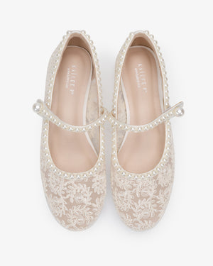 Crochet Lace Mary Jane Wedding Flats with Pearls