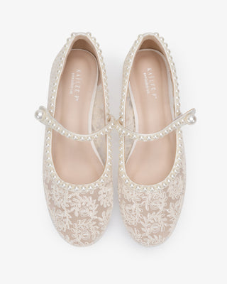 Ivory crochet lace wedding flats with pearls, bridal shoes