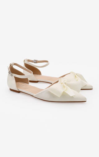 Ivory Satin Pointy Toe Flats with Front Satin Bow