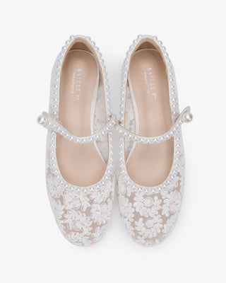 White crochet lace wedding flats with pearls, bridal shoes