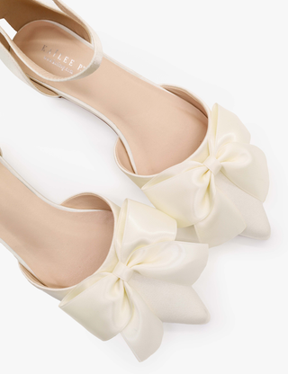 Ivory Satin Pointy Toe Flats with Front Satin Bow