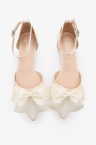 Ivory Satin Pointy Toe Flats with Front Satin Bow