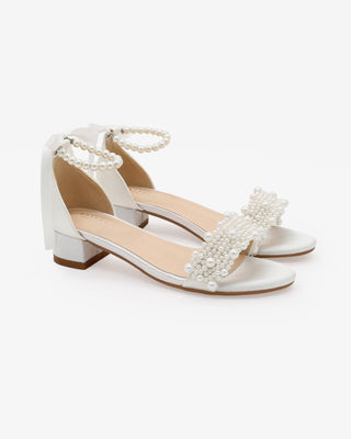 Satin Girls Block Heel Wedding Sandals with Perla Applique and All Pearls Strap