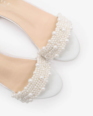 Satin Girls Block Heel Wedding Sandals with Perla Applique and All Pearls Strap