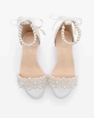 Satin Girls Block Heel Wedding Sandals with Perla Applique and All Pearls Strap