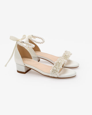 Satin Girls Block Heel Wedding Sandals with Perla Applique
