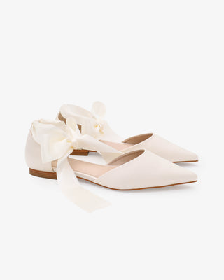 Ivory Satin Pointy Toe Bridal Flats with Satin Ankle Tie