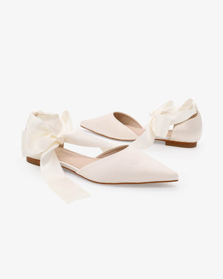 Ivory Satin Pointy Toe Bridal Flats with Satin Ankle Tie
