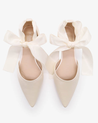 Ivory Satin Pointy Toe Bridal Flats with Satin Ankle Tie