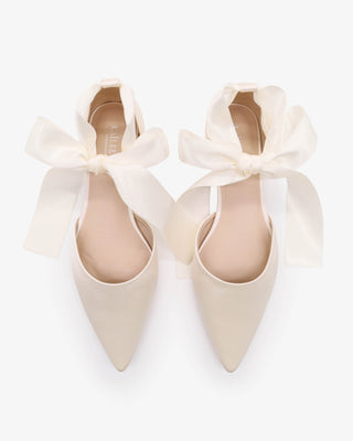 Ivory Satin Pointy Toe Bridal Flats with Satin Ankle Tie