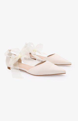 Ivory Satin Pointy Toe Bridal Flats with Sheer Ribbon Tie