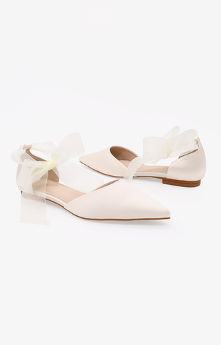 Ivory Satin Pointy Toe Bridal Flats with Sheer Ribbon Tie