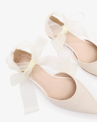 Ivory Satin Pointy Toe Bridal Flats with Sheer Ribbon Tie