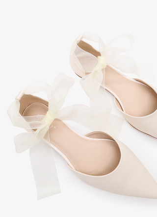 Ivory Satin Pointy Toe Bridal Flats with Sheer Ribbon Tie