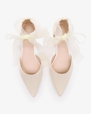 Ivory Satin Pointy Toe Bridal Flats with Sheer Ribbon Tie