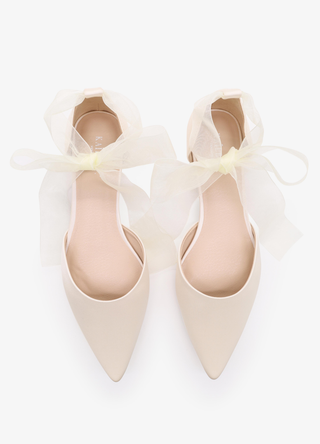 Ivory Satin Pointy Toe Bridal Flats with Sheer Ribbon Tie