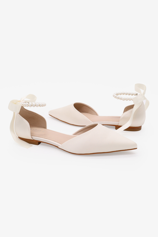 Ivory Satin Pointy Toe Bridal Flats with Pearls Strap