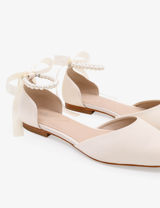 Ivory Satin Pointy Toe Bridal Flats with Pearls Strap