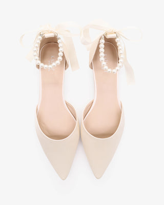 Ivory Satin Pointy Toe Bridal Flats with Pearls Strap