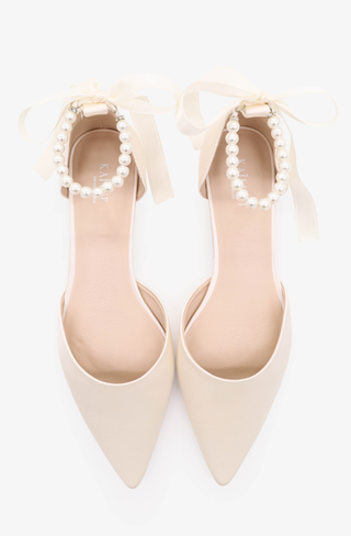 Ivory Satin Pointy Toe Bridal Flats with Pearls Strap