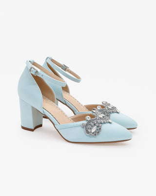 Light Blue Block Heel with Rhinestones Detail for Wedding