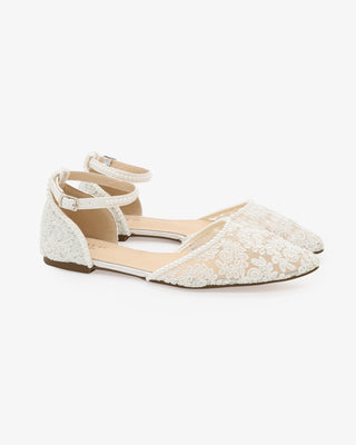 White Crochet Lace Pointy Toe Flats with Mini Pearls