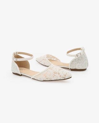 White Crochet Lace Pointy Toe Flats with Mini Pearls