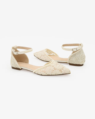 Ivory Crochet Lace Pointy Toe Flats with Mini Pearls