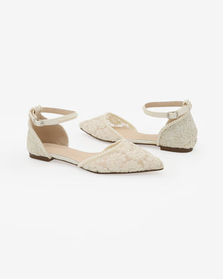 Ivory Crochet Lace Pointy Toe Flats with Mini Pearls