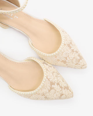 Ivory Crochet Lace Pointy Toe Flats with Mini Pearls