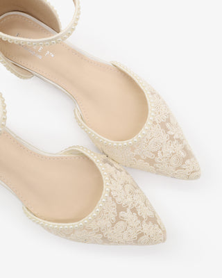 Ivory Crochet Lace Pointy Toe Flats with Mini Pearls