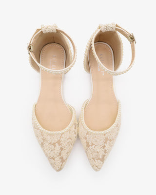 Ivory Crochet Lace Pointy Toe Flats with Mini Pearls