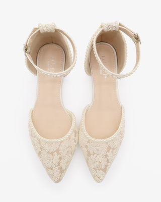 Ivory Crochet Lace Pointy Toe Flats with Mini Pearls