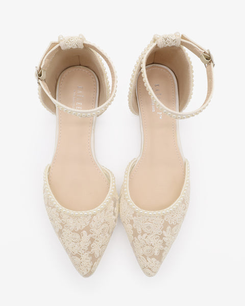 Ivory Crochet Lace Pointy Toe Flats with Mini Pearls - Women Shoes Ivory Crochet Lace Pointy Toe Flats with Mini Pearls - Women Shoes
