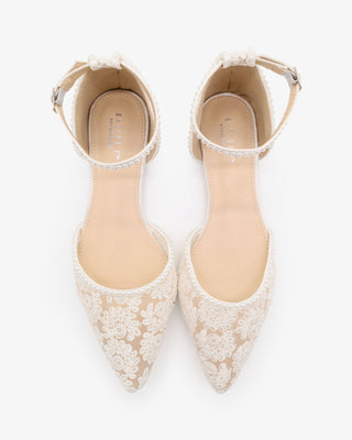 White Crochet Lace Pointy Toe Flats with Mini Pearls