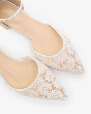 White Crochet Lace Pointy Toe Flats with Mini Pearls