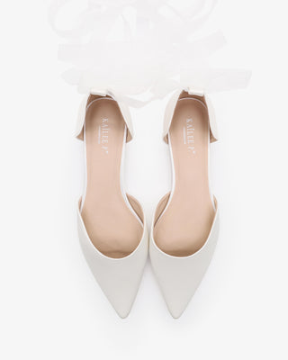 White Satin Pointy Toe Bridal Flats with Sheer Organza Ballerina Lace Up