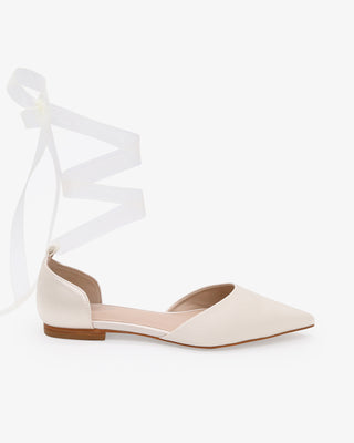 Ivory Satin Pointy Toe Bridal Flats with Sheer  Ballerina Lace Up