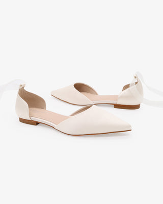 Ivory Satin Pointy Toe Bridal Flats with Sheer  Ballerina Lace Up