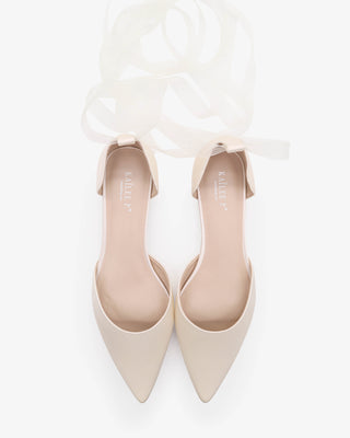 Ivory Satin Pointy Toe Bridal Flats with Sheer  Ballerina Lace Up
