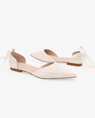Ivory Satin Pointy Toe Bridal Flats with Satin Ballerina Lace Up