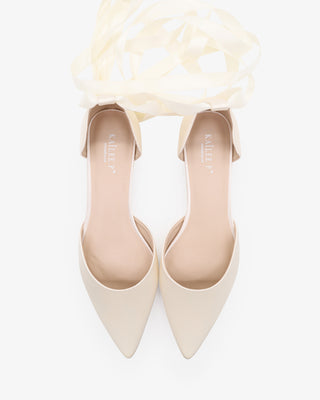 Ivory Satin Pointy Toe Bridal Flats with Satin Ballerina Lace Up