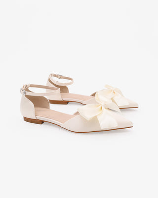 Ivory Satin Pointy Toe Flats with Front Satin Bow