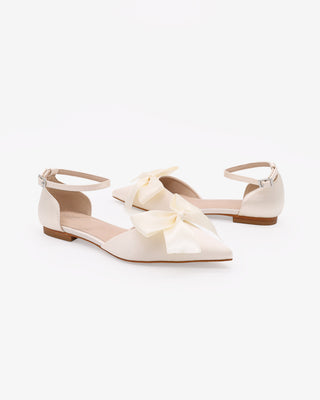 Ivory Satin Pointy Toe Flats with Front Satin Bow