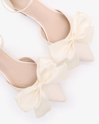 Ivory Satin Pointy Toe Flats with Front Satin Bow