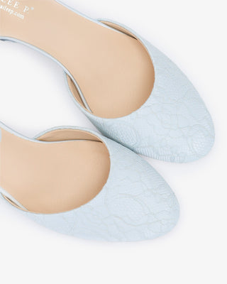 Light Blue Lace Round Toe Low Block Heel Wedding Shoes with Double Pearls Ankle Strap